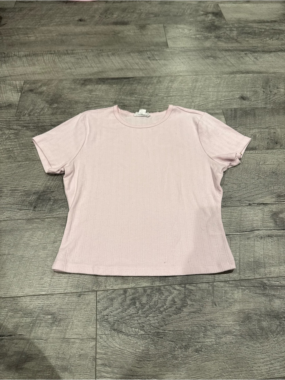 Good American: Ribbed Baby Pink Knit Short Sleeve Crew Neck T-Shirt, Size M